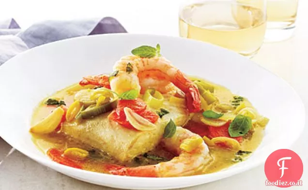 Halibut e gamberetti con brodo di menta
