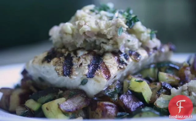 Halibut alla griglia con finocchio e tapenade verde oliva