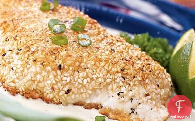 Halibut in crosta di sesamo con salsa di panna Poblano