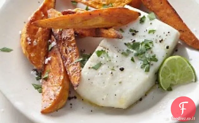 Halibut con patate fritte dolci e lime