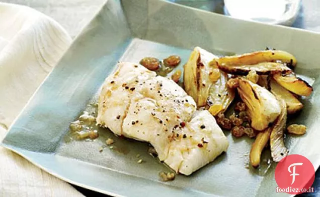 Halibut arrosto con finocchio brasato al vino