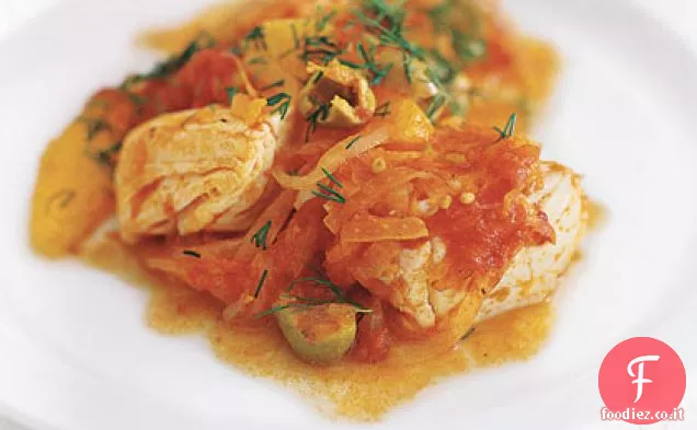 Halibut con pomodoro, arancia e aneto