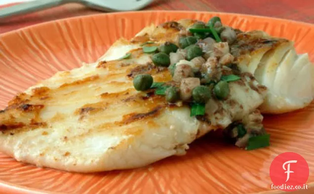 Ippoglosso alla griglia con Vinaigrette al limone e cappero