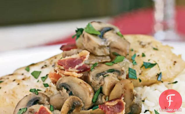 Halibut brasato con pancetta e funghi