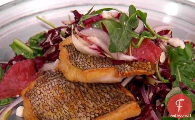 Branzino nero scottato con verdure amare, finocchio, pompelmo e insalata di feta