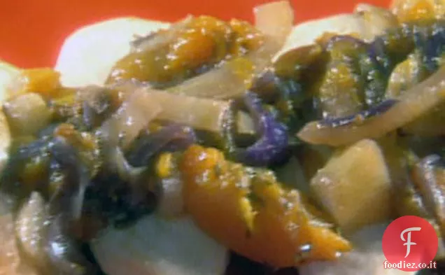 Petti di pollo con pesche glassate e muffin di finocchio e mais in tazze di Poblano