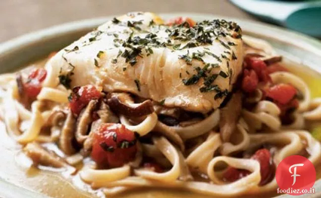 Halibut in brodo di pomodoro-Shiitake