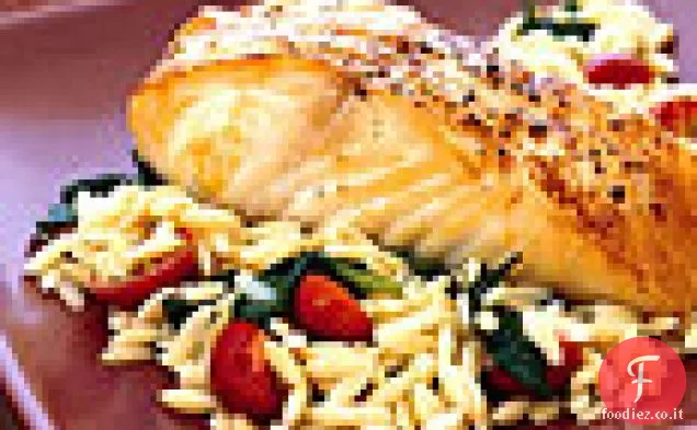 Halibut al forno con Orzo, spinaci e pomodorini