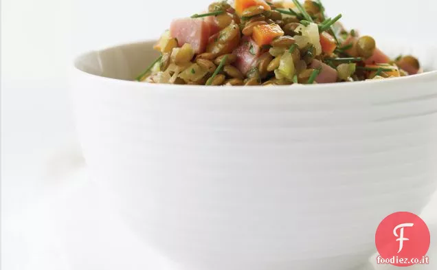 Insalata calda di lenticchie e prosciutto