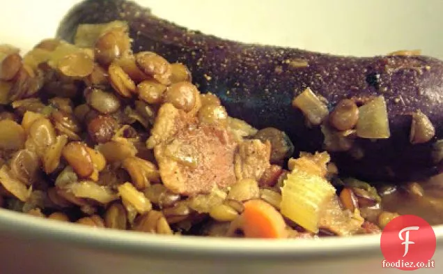 Salsicce di agnello brasate al vino con Lenticchie