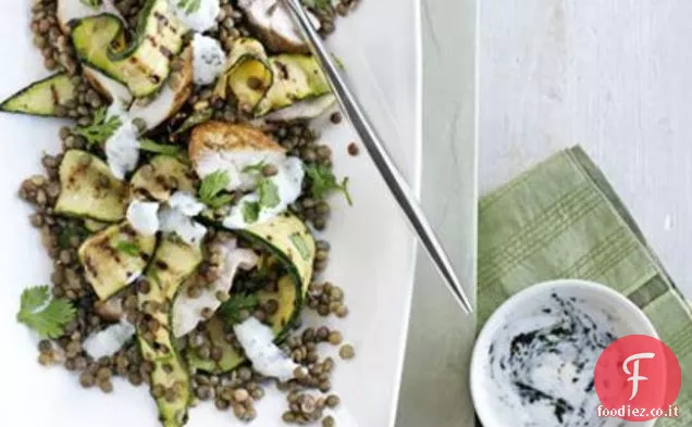 Zucchine alla griglia, pollo e lenticchie con yogurt alla menta