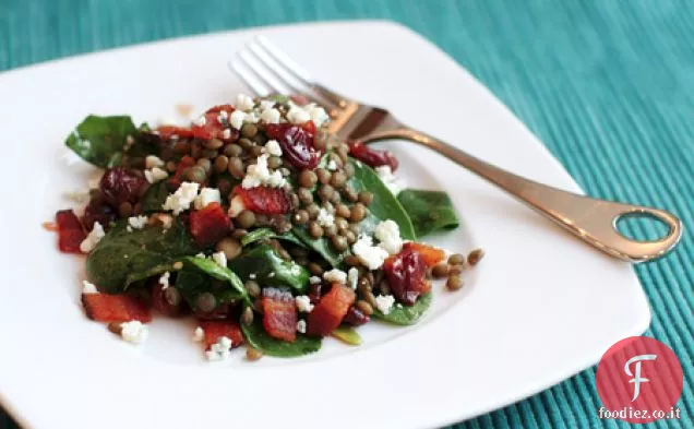 Insalata di spinaci e lenticchie con Formaggio erborinato e crostata di Ciliegie Vinai