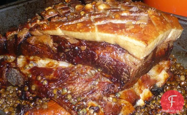 Lento arrosto di cinghiale con sidro e lenticchie Puy