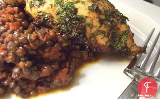 Pollo marinato Charmoula con lenticchie Harissa