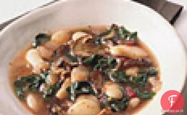 Fagioli di Lima con funghi selvatici e bietole