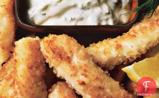 Bastoncini di pesce halibut con salsa tartara di aneto e cappero