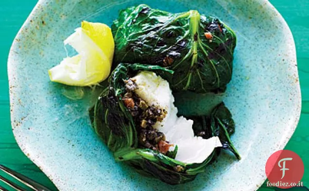 Fagottini di halibut, lattuga e tapenade alla griglia