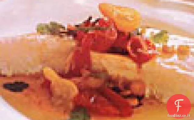 Halibut arrosto con pomodori, zafferano e coriandolo