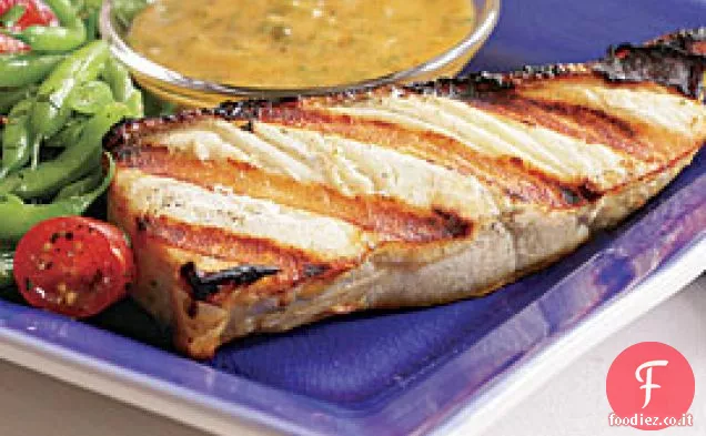 Halibut alla griglia con maionese di dragoncello e cappero