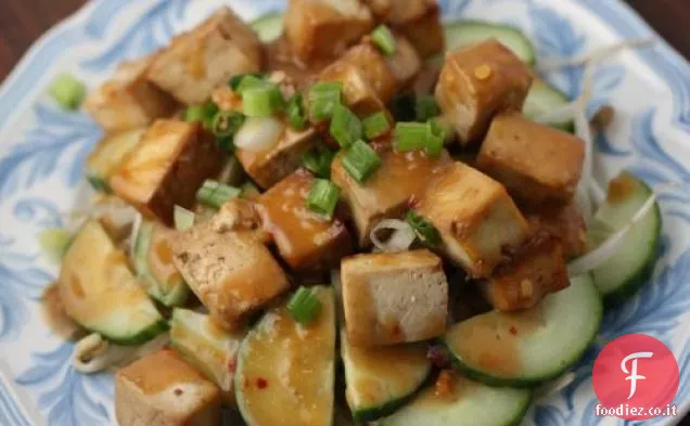 Tofu indonesiano, germogli di fagioli e insalata di cetrioli con pisello piccante