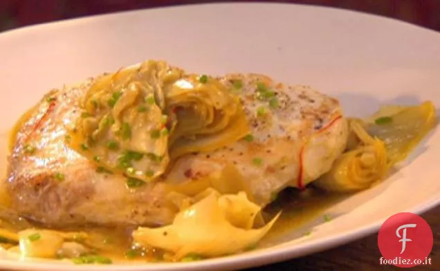 5 Ingredienti Halibut scottato in padella con cuori di carciofo e brodo di zafferano
