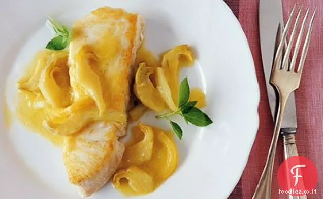 Halibut con Brasato, Carciofi a fette e limoni