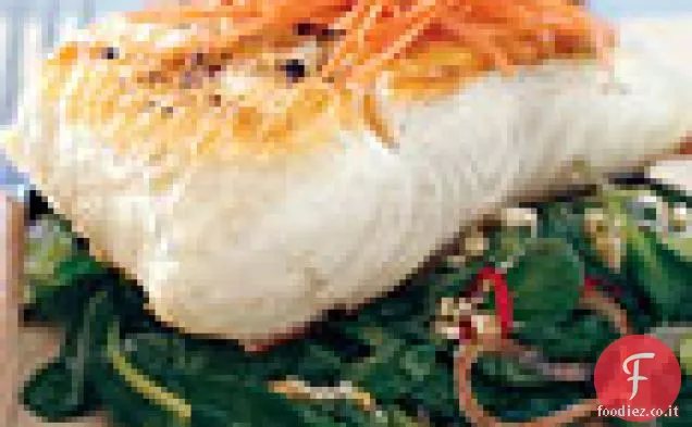 Halibut alla griglia con Tatsoi e peperoncini thailandesi piccanti