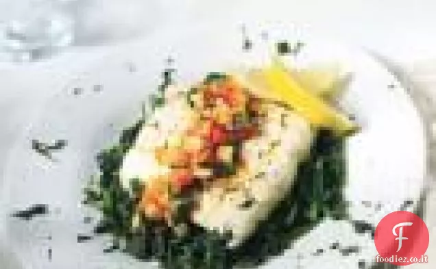 Halibut al profumo di Zafferano con Spinaci, Zucchine e Pomodoro