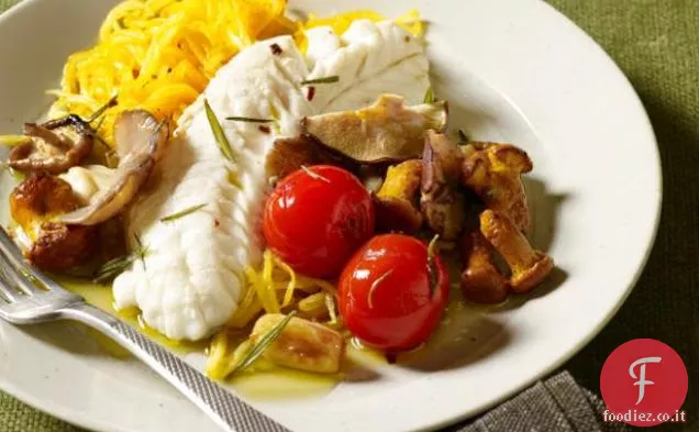 Basso Agrodolce con Spaghetti Zucca e Funghi