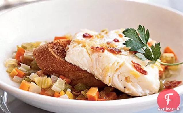 Halibut in camicia con Vinaigrette di pancetta calda