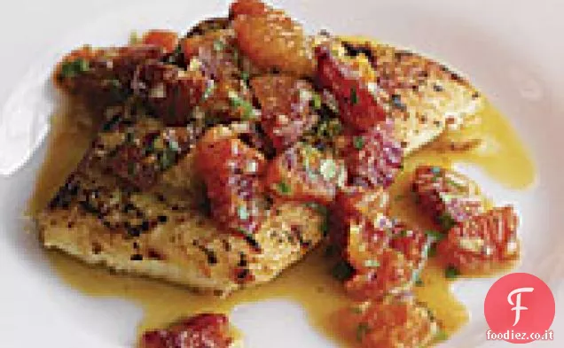 Halibut arrostito con salsa all'arancia rossa