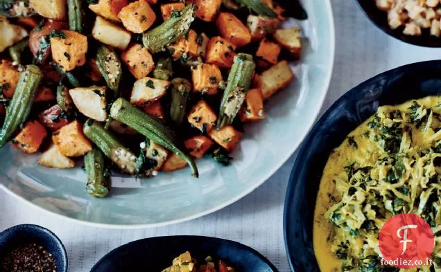 Insalata di patate dolci arrosto e gombo