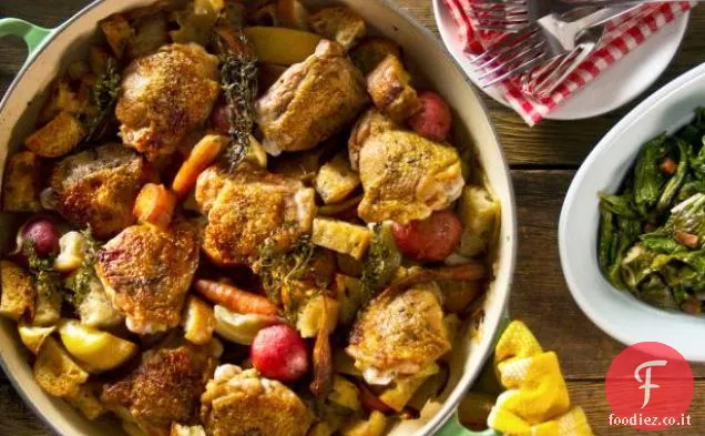 Cosce di pollo croccanti al limone con patate e carote