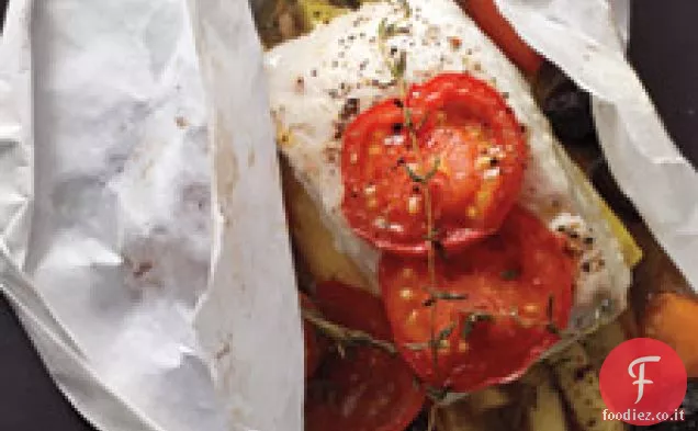 Halibut, zucca, pomodori e olive