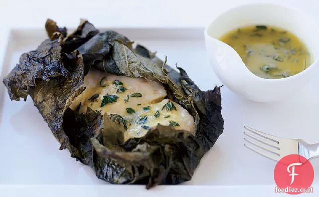 Halibut Arrosto in foglie di vite con Vinaigrette di limone