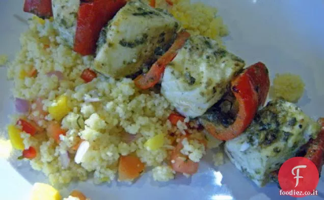 Pesto Halibut Kebab Con Couscous