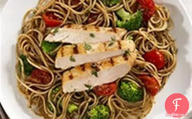 Spaghetti Integrali Barilla® con Pomodorini, Petto di Pollo marinato e Pesto