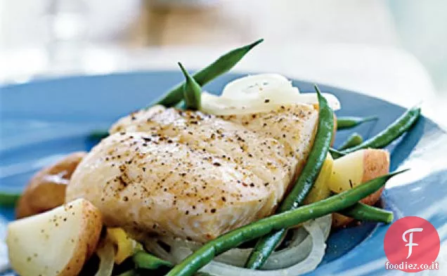 Halibut en Papillote con patate, fagiolini e cipolle dolci