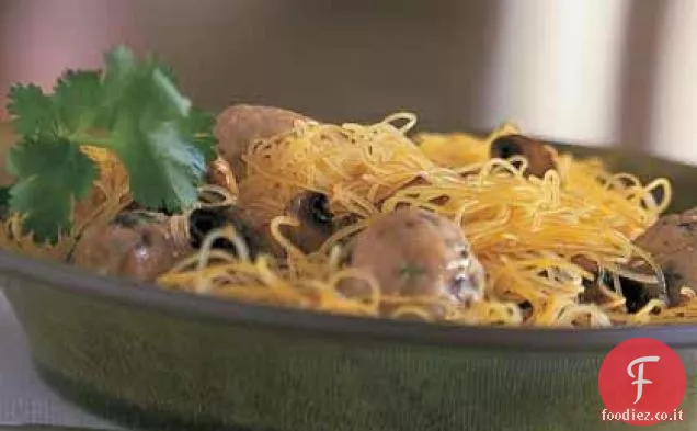 Polpette asiatiche con funghi e spaghetti di riso