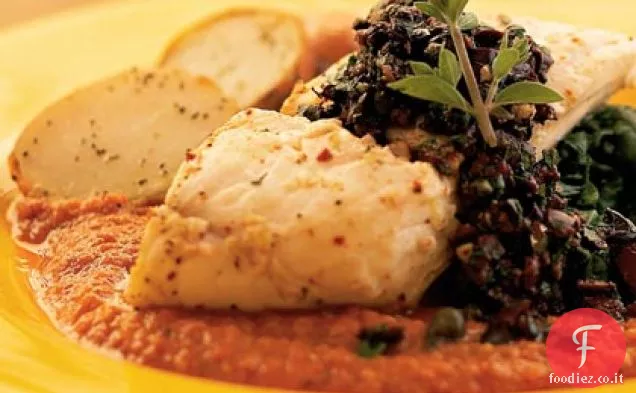 Halibut arrosto con salsa Romesco e salsa di olive