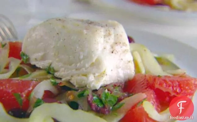 Halibut arrosto con pompelmo Salsa di finocchio