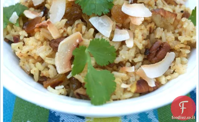 Riso al cocco nocciola con uvetta dorata e noci pecan