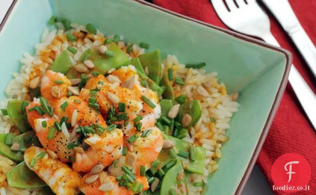 Gamberi, rogna bagarini e riso al curry