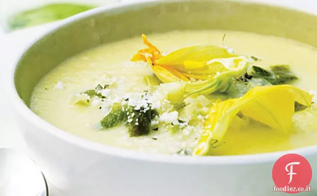 Zuppa di mais con Poblanos arrostiti e fiori di zucca