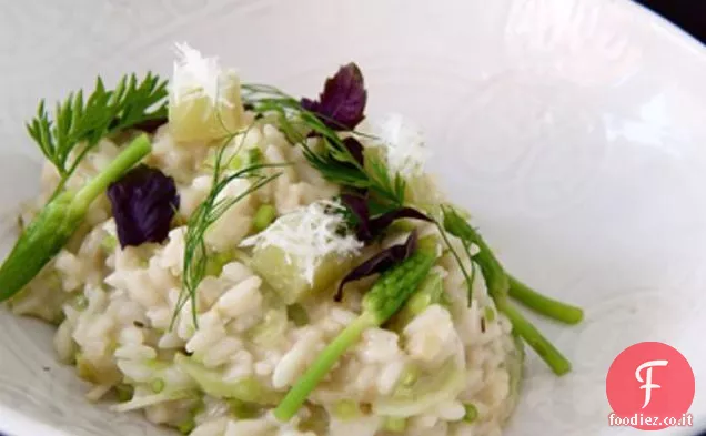 Risotto di Asparagi selvatici e Basilico Opale con Pomodoro verde freddo