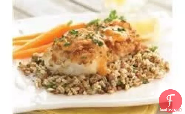 Merluzzo in crosta di pretzel con salsa di Digione all'albicocca