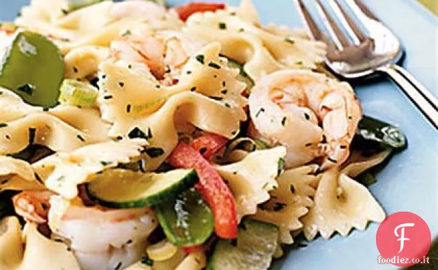 Farfalle con gamberetti, piselli e salsa di sesamo allo zenzero