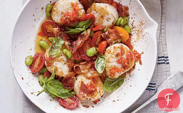 Padella capesante con pancetta, Edamame, basilico e grana cremosa