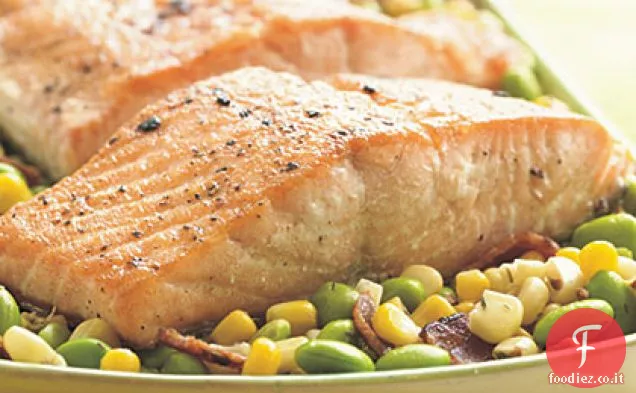 Filetti di Salmone scottato con Succotash di Edamame