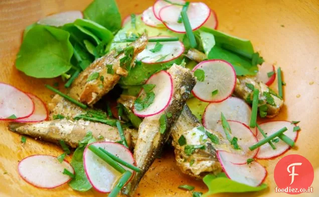 Insalata di sardine, avocado e ravanelli con crescione di montagna